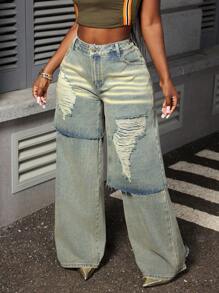 Slaydiva 女士时尚水洗做旧宽松喇叭牛仔裤 - 藍色 - 查看 4