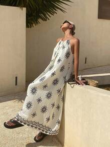 DAZY Elegant Ladies Summer Lace Print Bohemian Style Sleeveless Dress, Vacation Wear Cruise Outfit For Women - Apricot - View 2