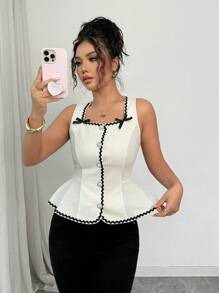 Chiquease Women's Casual Ruffled Edge Button Decorated Bowknot Waist Slim Tank Top - Apricot - View 5