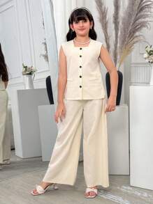 Set de 2 piezas de top holgado de lino y pantalones anchos y sueltos informales para niñas preadolescentes - Albaricoque - Ver 5