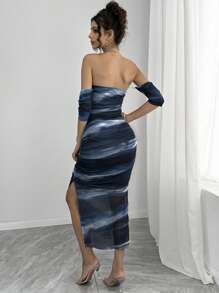 Momance Sukienka ciążowa z odkrytymi ramionami i siateczką - Granatowy - Zobacz 2