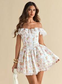 SHEIN BAE 女士纯色碎花褶饰露肩蕾丝荷叶边长裙，适合鸡尾酒会、浪漫约会、秋冬针织连衣裙叠穿、派对、婚礼宾客、万圣节、圣诞节 - 米色 - 查看 1