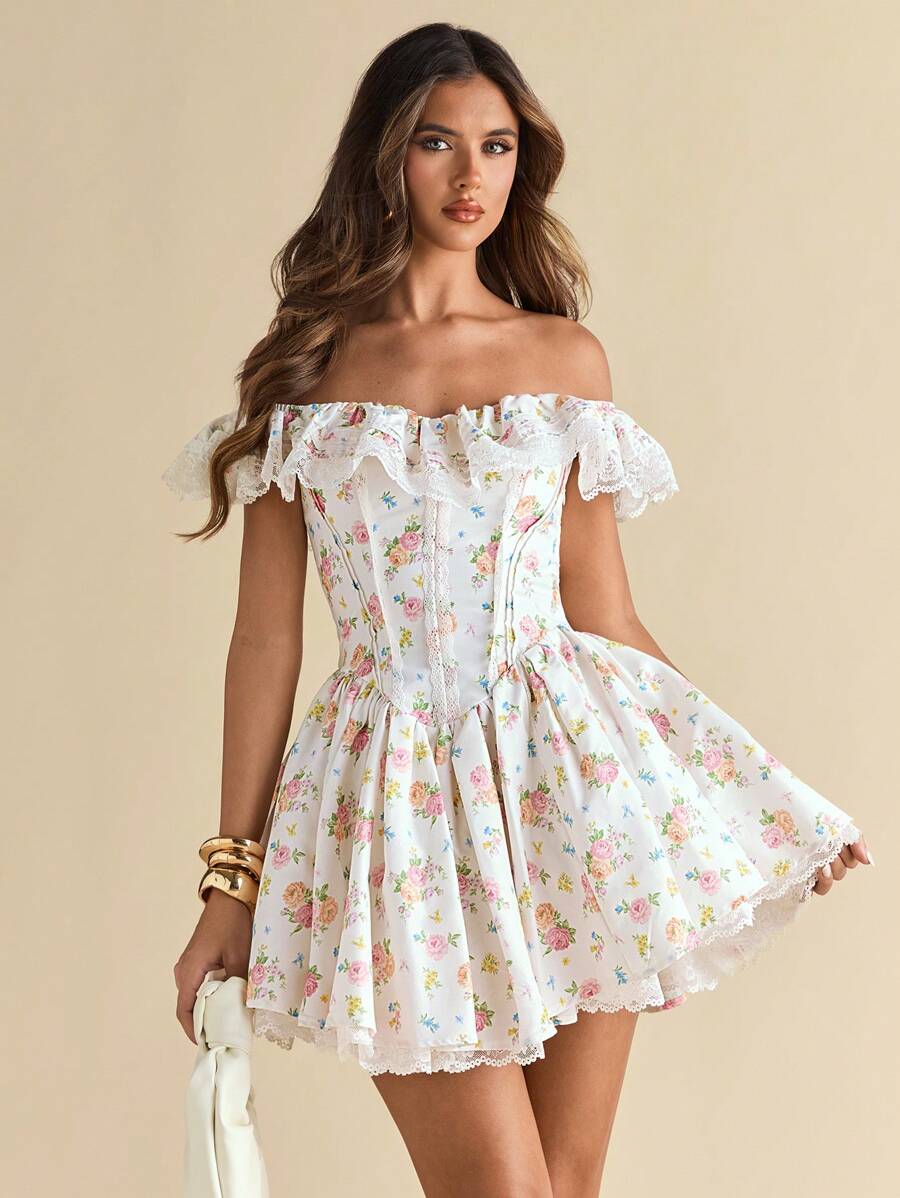 SHEIN BAE 女士纯色碎花褶饰露肩蕾丝荷叶边长裙，适合鸡尾酒会、浪漫约会、秋冬针织连衣裙叠穿、派对、婚礼宾客、万圣节、圣诞节 - 米色 - 查看 1