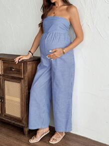 SHEIN Maternity Striped Jumpsuit, Fitted Summer Wear - Blue - View 7
