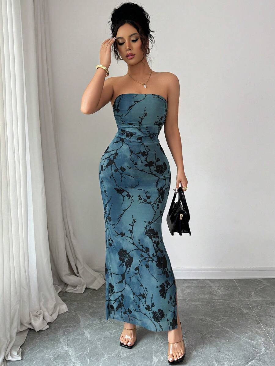 Rafferiza Women's Elegant Mesh Floral Print Strapless Bandeau Bodycon Long Dress