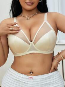 SHEIN 大码简约纯色网眼拼接文胸 - 白色 - 查看 6