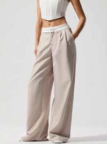 Menodora SHEIN Sport Quần ống rộng đơn giản dệt màu khối cho nữ - Màu Khaki - Xem 6