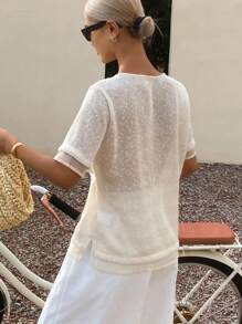 DAZY 女士纹理面料短袖宽松休闲都市风系带T恤 - 杏色 - 查看 6