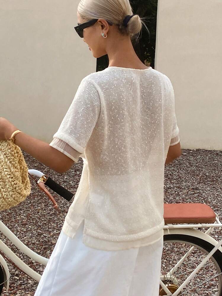 Women's Textured Fabric Short Sleeve Loose Casual Citywear T-Shirt With Tie Waist