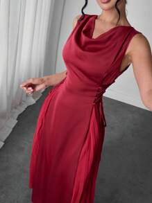 Modelyn Sleeveless Women's Dress With Draped Neck, Side Pleats And Drawstring, Spring/Summer