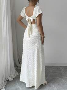 Rafferiza Solid Color Backless Bowknot With Lotus Sleeve High Slit Elegant Summer Vacation Date Long Dress - Apricot - View 3