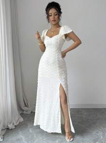 Rafferiza Solid Color Backless Bowknot With Lotus Sleeve High Slit Elegant Summer Vacation Date Long Dress - Apricot - View 4