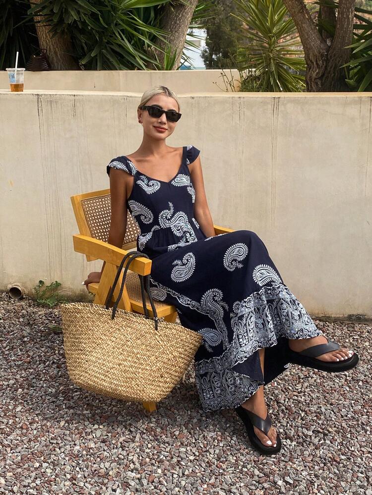 Women's Summer Bohemian Style Spaghetti Strap Dress, Allover Floral Allover Print Beach Dress Vacation Dress Cruise Outfit For Women Boho
