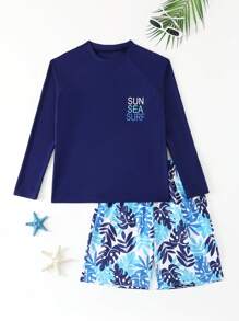 青少年男童字母印花长袖上衣和短裤泳装套装，适合夏季、海滩、度假 - 藍色 - 查看 5