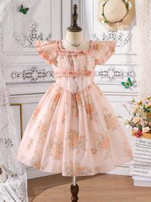 Tween Girls Elegant Floral Digital Print Square Neck Backless Bow Decor Party Tulle Dress, Suitable For Wedding, Bridesmaid, Summer - Orange - View 3