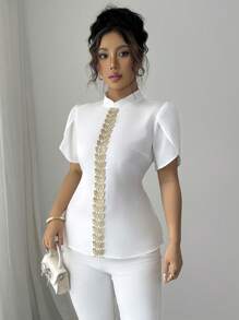 Selianne Women's Stand Collar Shirt With Gold Lace Panel