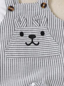 SHEIN Bộ 2 món áo sơ sinh cổ tròn tay ngắn có nút bấm phía trước màu trắng & quần yếm trùm đầu thêu sọc tai, thời trang dễ thương cho gia đình, trang phục hàng ngày, hoạt động ngoài trời - Nhiều màu - Xem 6