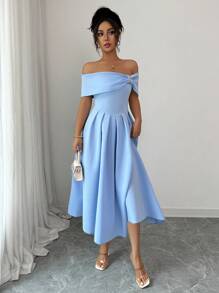 Elenzga 女士时尚露肩短袖水晶装饰喇叭中长连衣裙 - 藍色 - 查看 4