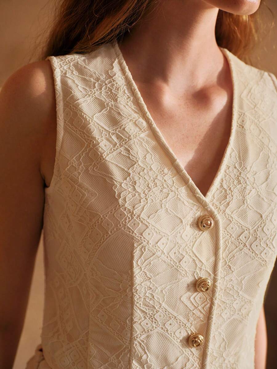 MOTF PREMIUM LACE BUTTON PLACKET LIGHTWEIGHT BLAZER WAISTCOAT - Apricot - View 2