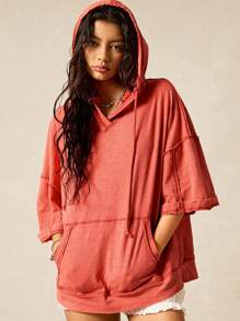 Easelle Áo thun hoodie cỡ lớn màu đỏ, viền tua rua, thường ngày dành cho nữ, mùa xuân/hè - Đỏ - Xem 6