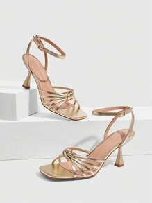 CUCCOO SZL Women's Multiple Strap Knotted Square Toe High Heel Sandals, Sexy & Fashionable Glitter Gold Stilettos For Night Club, Party, Music Festival For Christmas - Gold - View 4