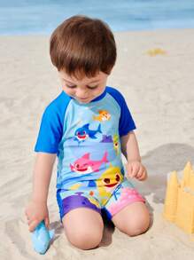 BABY SHARK X SHEIN Baby Boy Cartoon Shark Pattern Raglan Sleeve Back Zipper One-Piece Swimsuit - Multicolor - View 5