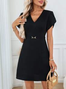 Miaspire 女式夏季纯色V领荷叶边袖休闲及膝连衣裙 - 黑色 - 查看 1