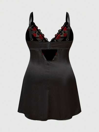 Goth Plus Size Dark Gothic Floral Embroidered Lace-Trim Satin Nightgown ,Vacation