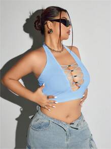SHEIN ICON Plus Size Fitted Deep V-Neck Beaded Decor Halter Tank Top