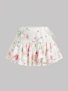 SHEIN MOD Jupe-culotte vintage romantique à imprimé floral abricot avec nœud, ourlet volant et bas superposé - Style mignon Y2K, parfait pour les vacances sur l'île, les fêtes, les rendez-vous, les célébrations d'anniversaire, les thés de l'après-midi et les festivals, les vacances - Nude - Voir 1