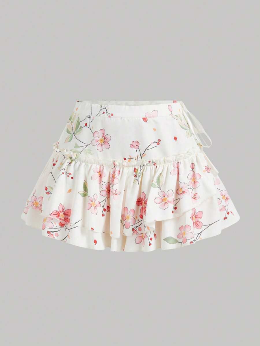 SHEIN MOD Jupe-culotte vintage romantique à imprimé floral abricot avec nœud, ourlet volant et bas superposé - Style mignon Y2K, parfait pour les vacances sur l'île, les fêtes, les rendez-vous, les célébrations d'anniversaire, les thés de l'après-midi et les festivals, les vacances - Nude - Voir 1