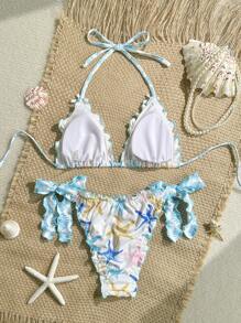Swim Mod 2 piezas Conjunto de bikini de verano para mujer con decoración de estrella de mar, traje de baño triangular tipo halter, para ocio y vacaciones - Multicolor - Ver 2