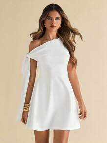 SHEIN BAE Váy xòe viền lệch vai thanh lịch cho nữ, váy trắng cho nữ, đi chơi - trắng - Xem 4