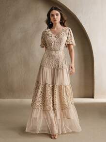 Anewsta Women Lace Mesh Splice Long Dress, Spring And Summer, Suitable For Party - Apricot - View 5