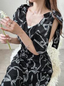 FRIFUL Women's Summer Full Print V-Neck Big Bow Detail Sleeveless Dress,Casual Women Dresses - Black - View 3