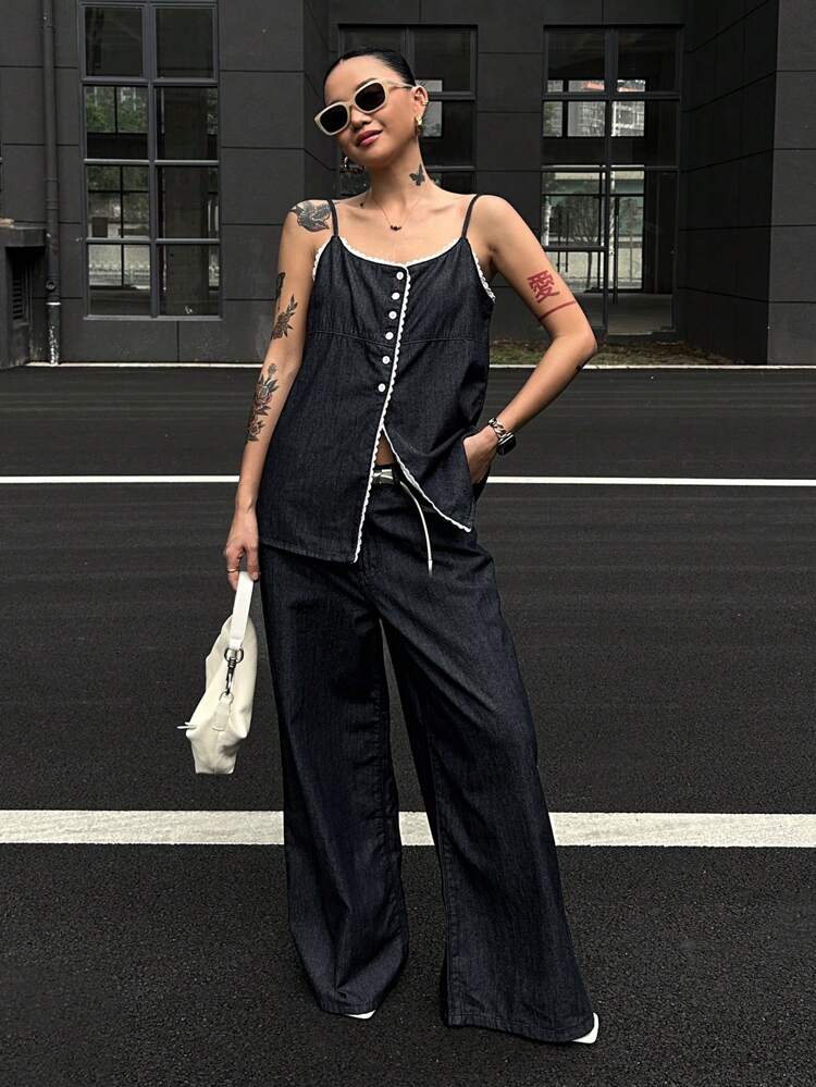 Women Sleeveless Denim Jumpsuit With Spaghetti Strap, Spring/Summer