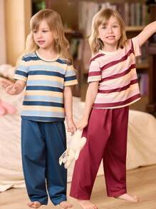 SHEIN 4pcs/Set Young Girl' Mix Color Random Striped Print Short Sleeve Pajama Set - Multicolor - View 1