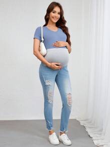 SHEIN Maternity Distressed Denim Jeans Summer Outfits For Women Festival Outfits - Light Wash - View 6