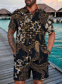 Manfinity VCAY 2pcs Men's Geometric Digital Print Short Sleeve Shirt And Shorts Set, Stylish Casual - Multicolor - View 1