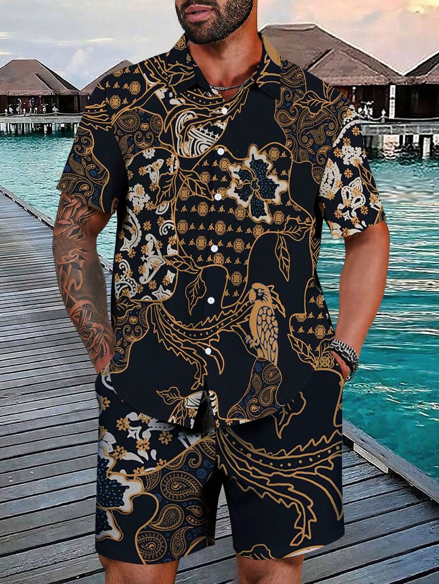 Manfinity VCAY 2pcs Men's Geometric Digital Print Short Sleeve Shirt And Shorts Set, Stylish Casual - Multicolor - View 1