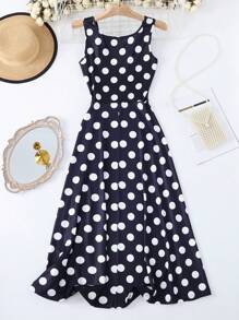 SHEIN LUNE Women's Summer Travel Fashion Blue Base White Polka Dot Sleeveless Dress