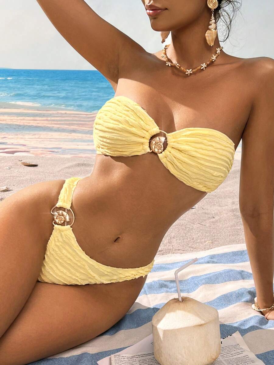 Swim Mod Summer Beach Vacation Ocean Style Metal Conch Decor Bandeau Bikini Set - Yellow - View 1