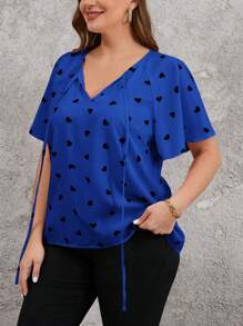 SHEIN Clasi Camisa de manga raglán con estampado de corazones, talla grande, de verano - azul real - Ver 5
