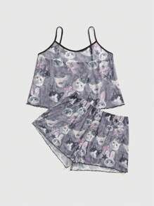 ROMWE Goth 加大码哥特式黑猫报纸印花缎面吊带背心和短裤睡衣套装