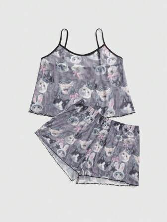 Goth Conjunto de camiseta y shorts de pijama de satén con estampado de periódico de gato oscuro, talla grande, estilo gótico