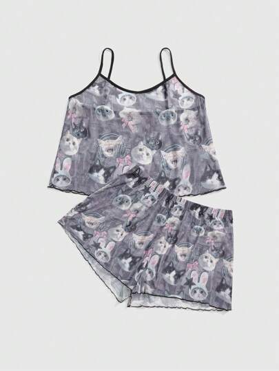 Goth Plus Size Gothic Dark Cat Newspaper Print Satin Camisole & Shorts Pajama Set