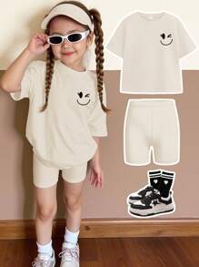 SHEIN 2pcs Young Girl Casual Minimalist Short Sleeve Shorts Set, Suitable For Summer