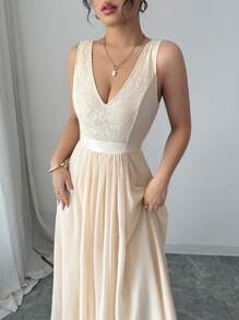 Elenzga 无袖 V 领收腰 A 字型优雅浪漫女士派对连衣裙长款女装