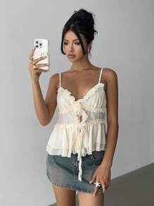 Aloruh 女士夏季纯色荷叶边吊带背心 - 杏色 - 查看 4