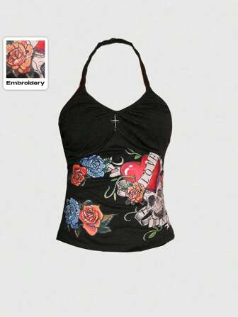 J-Fashion Women's Y2K Babe Tattoo Rose Skull Print Halter Neck Cami Top